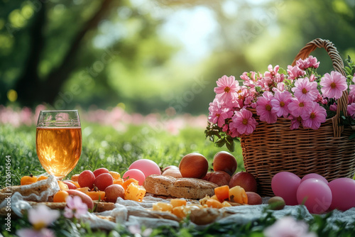Basket of flowers, eggs and wine glass on a table.
