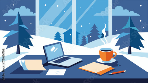 A desk strewn with papers and a laptop with a mug of steaming hot coffee next to a window overlooking the snowcovered trees.. Vector illustration