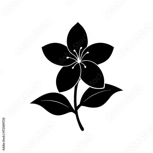Stylized black silhouette of a five petal flower with leaves