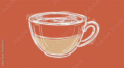 Hand drawn illustration of a cup of tea or coffee with swirling liquid
