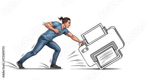Man Struggling with Heavy Printer Overwhelmed by Workload Concept Illustration