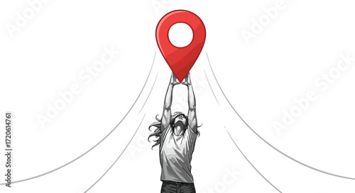 Person reaching for a GPS location pin success achievement goal map destination