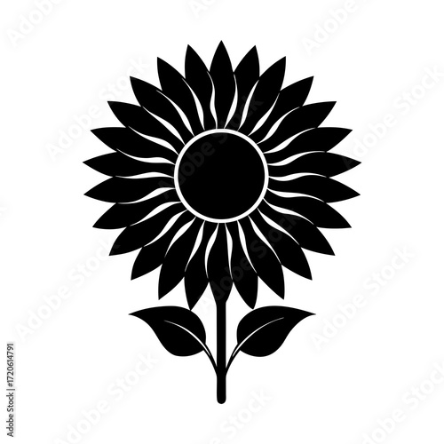 Stylized black silhouette of a sunflower with leaves