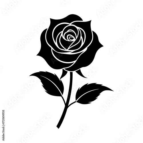 Elegant black silhouette of a rose with detailed petals and leaves