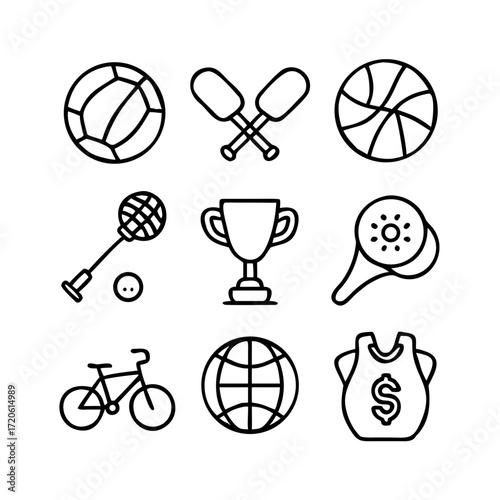 “Minimal line icons — football, basketball, tennis, baseball, cricket, golf, cycling, swimming, skiing, trophy, medal, whistle, referee — outline vector, thin stroke style.”