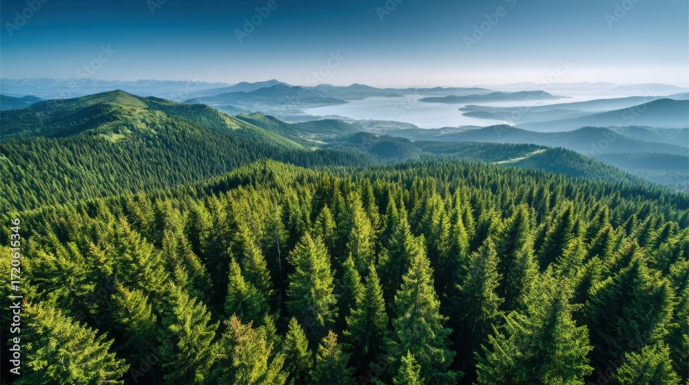 Fototapeta premium Majestic Mountain Landscape with Dense Forest and Serene Lake View at Dawn from Aerial Perspective