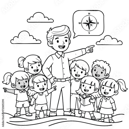 Teacher Guiding Kids Direction Education Future Adventure Compass Black and White Illustration