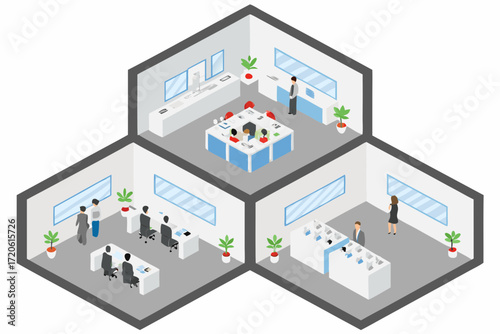 Isometric view of modern office spaces including a meeting room workstations and a retail display area