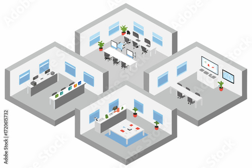 Isometric view of a modern office space with multiple rooms and workstations