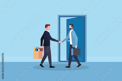 Two businessmen shaking hands at an open doorway with one carrying a box of belongings and the other a briefcase