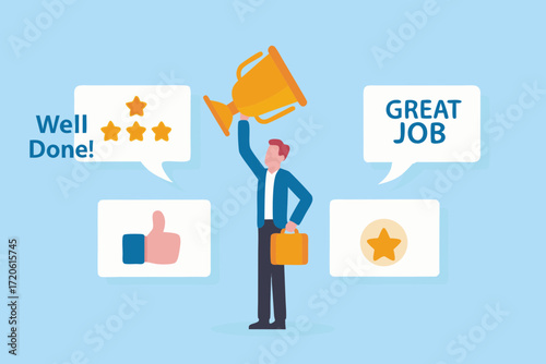 Man holding a golden trophy celebrating success with positive feedback icons and messages
