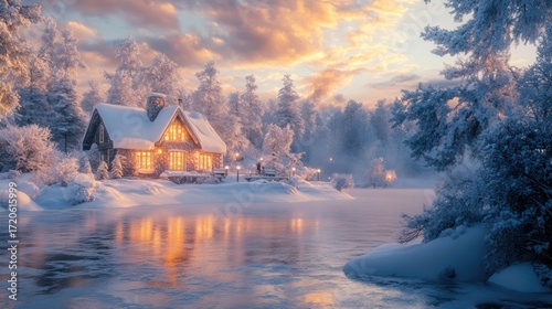 Winter Wonderland Cottage by Frozen Lake at Sunset