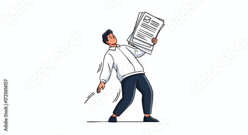Overwhelmed Businessman Struggling with Paperwork Vector Illustration