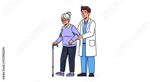 An elderly woman receives assistance from a doctor in a medical setting