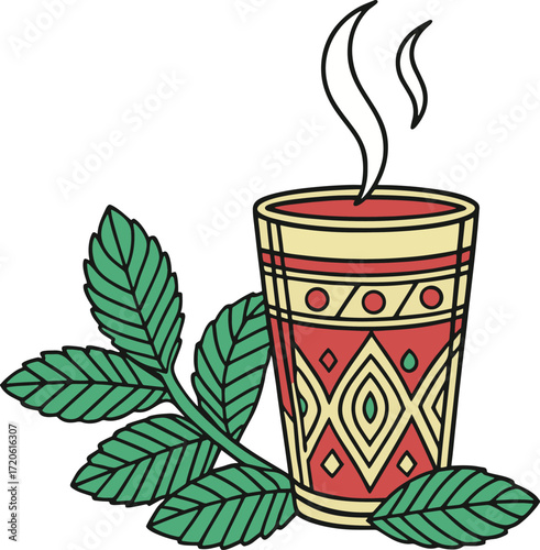 Stylized vector icon of a Moroccan mint tea glass with mint leaves and steam, line + fill style, vibrant green and gold colors, perfect for beverage and cafe designs