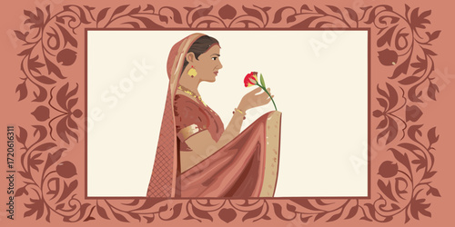 Traditional indian woman in a sari holding a delicate red and yellow flower within an ornate floral border