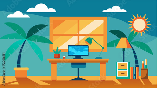 A tropicalthemed desk decor in a sunny beach bungalow inspiring creativity and productivity.. Vector illustration