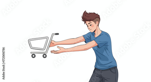 Young Man Reaching for Shopping Cart E commerce and Online Shopping Illustration