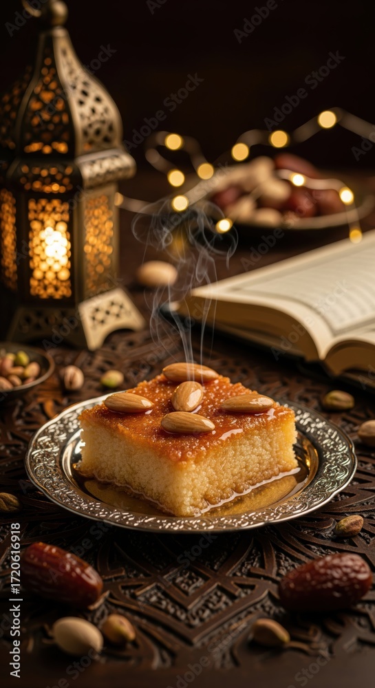 Fototapeta premium Warm semolina cake with almonds, served with dates and pistachios, glowing under a traditional lantern, a sweet treat for festive evenings