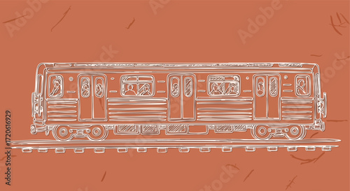 Detailed line drawing of a subway train car on tracks against a textured reddish-brown background, illustrating urban public transport.