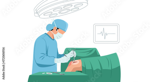  surgeon performing surgery under bright lights, wearing blue scrubs and mask. Monitor shows a heartbeat. A focused, calm atmosphere.