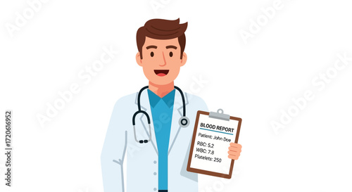 male doctor with brown hair, smiling, in a white coat and stethoscope. He holds a clipboard showing a blood report with test results.