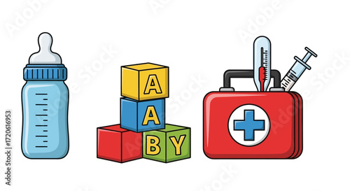 Illustration of a baby bottle, ABC blocks, and a first aid kit with a syringe and thermometer. The tone is playful and nurturing.