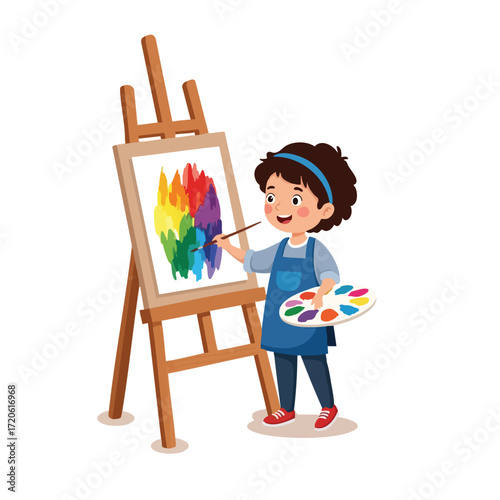 Happy Little Artist Painting on Easel Colorful Child Art Studio Stock Photo