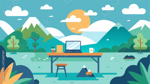 As the day went by the freelancers lakeside desk became a hub of creativity surrounded by natures endless inspiration.. Vector illustration