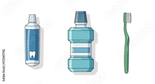 dental care items: a toothpaste tube with a tooth icon, a blue mouthwash bottle, and a green toothbrush, all on a 