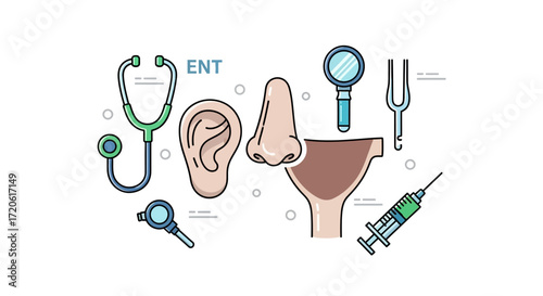 ENT components, featuring a stethoscope, ear, nose, and throat, with medical tools like a syringe and magnifying glass. Medical theme.
