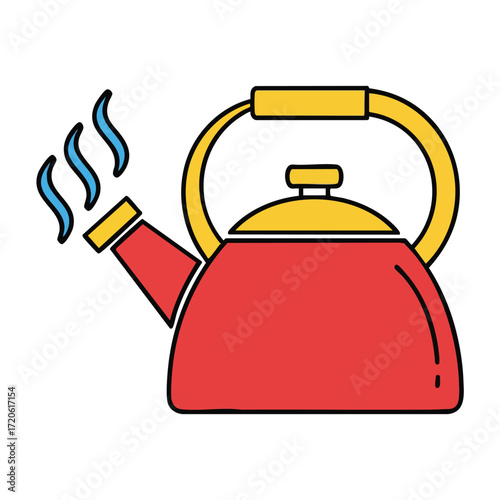 A red kettle with a yellow handle is shown with steam rising from its spout, indicating it is boiling water.