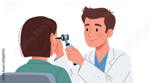 doctor in a white coat uses an otoscope to examine a patient's ear. The patient sits in a chair wearing a green top. The scene is calm and clinical.