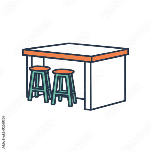 Simple Kitchen Island with Two Stools Flat lay Minimalist Design for Home and Commercial Use