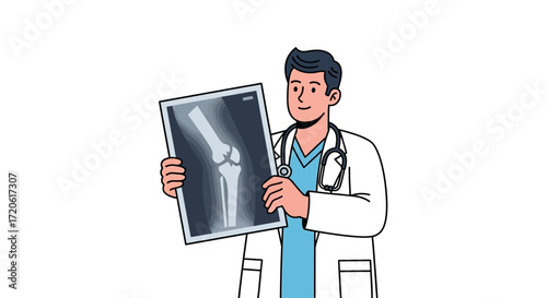 A doctor in a white coat and stethoscope holds an X-ray image of a human knee