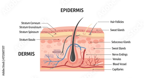 Cross-section diagram of human skin showing layers: epidermis, dermis. Labels include hair follicles, sweat and sebaceous glands, blood vessels, and nerves.