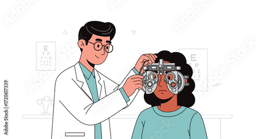 An optometrist adjusts a phoropter in front of a patient during an eye exam. The setting is a bright room with eye charts on the walls. The tone is professional and reassuring.