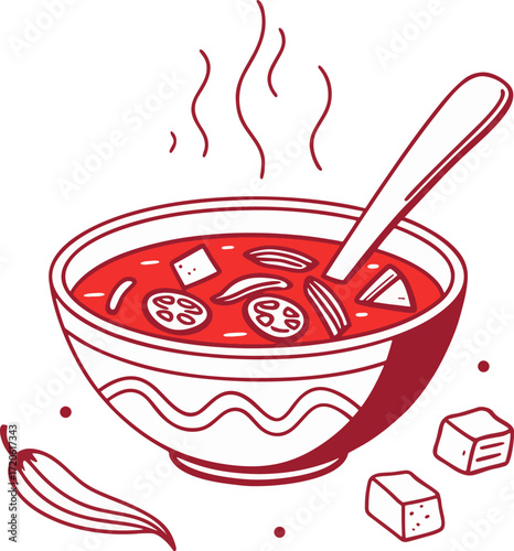 Clean flat vector icon of a bowl of Moroccan harira soup with spoon, minimal shapes and clear outlines, ideal for menus, cooking apps, and culinary illustrations.