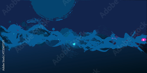 Abstract blue and teal paint strokes and shapes on a dark navy background with a bright pink accent