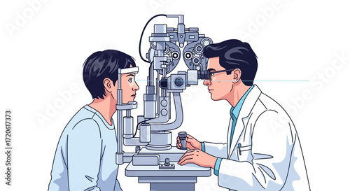 eye exam. A doctor in a white coat examines a patient using an eye machine. Both focus intently. Clinical setting, detailed equipment.