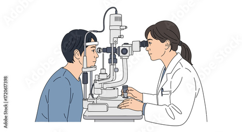 eye exam where a doctor, in a white coat, examines a patient's eyes using a slit lamp machine. Both appear focused and attentive.