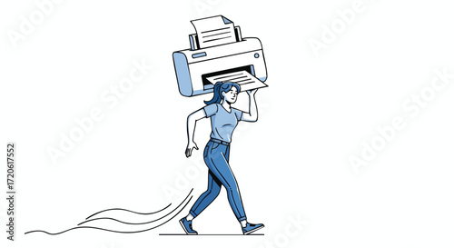 Woman Carrying a Large Printer Overwhelmed by Paperwork Line Art Illustration