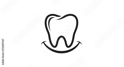 Black line art of a tooth with a curved line beneath, resembling a smile. The minimalist design conveys a sense of dental health and happiness.
