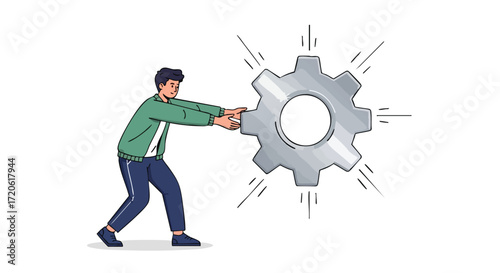 Man Turning a Gear Solution Progress and Success Concept Illustration