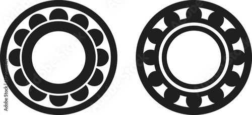 Two stylized black and white illustrations of ball bearings