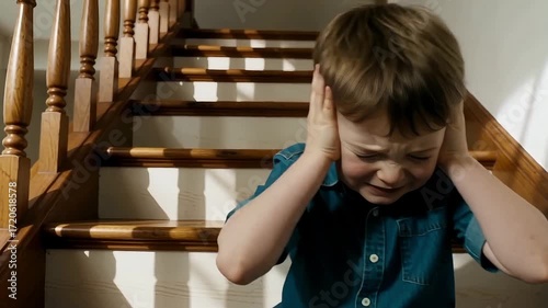 Frustrated young boy covering ears, overwhelmed by noise on stairs, experiencing sensory overload