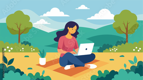 A young woman sits on a blanket in the middle of a lush vineyard her laptop open beside her as she works remotely.. Vector illustration