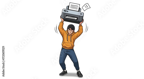Young Man Struggling with Heavy Printer Office Problems Cartoon Illustration