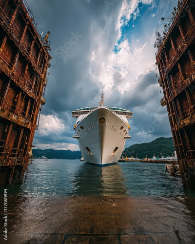 Cruise Ship Entering Lock Dramatic Cloudscape