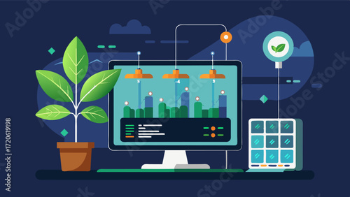 A smart greenhouse system equipped with AI software that analyzes plant growth patterns and suggests optimal lighting and nutrient levels for maximum yield.. Vector illustration